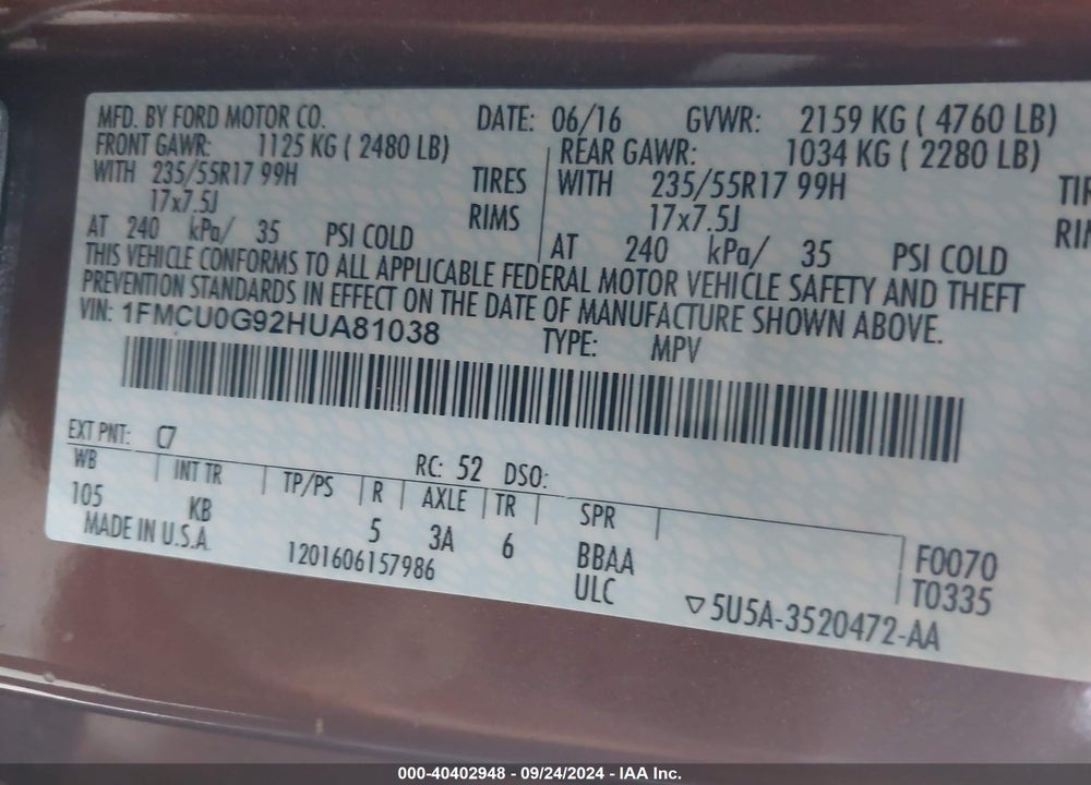 2017 FORD ESCAPE SE VIN: 1FMCU0G92HUA81038