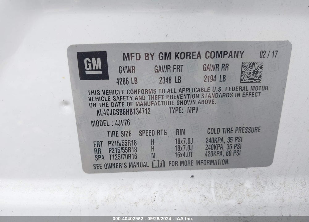 2017 BUICK ENCORE ESSENCE VIN: KL4CJCSB6HB134712