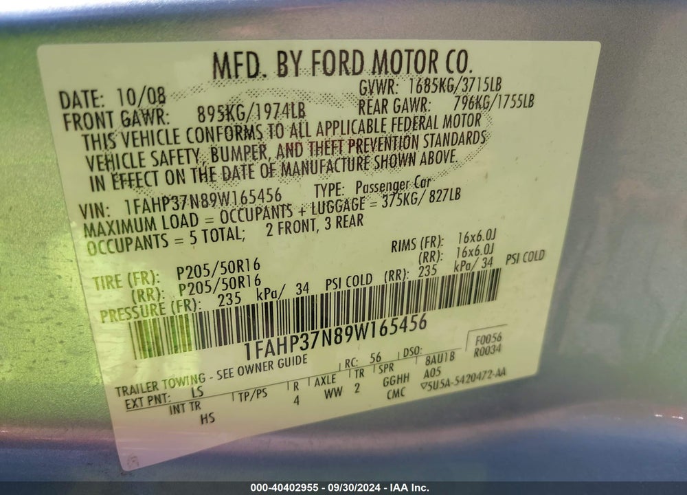 2009 FORD FOCUS VIN: 1FAHP37N89W165456
