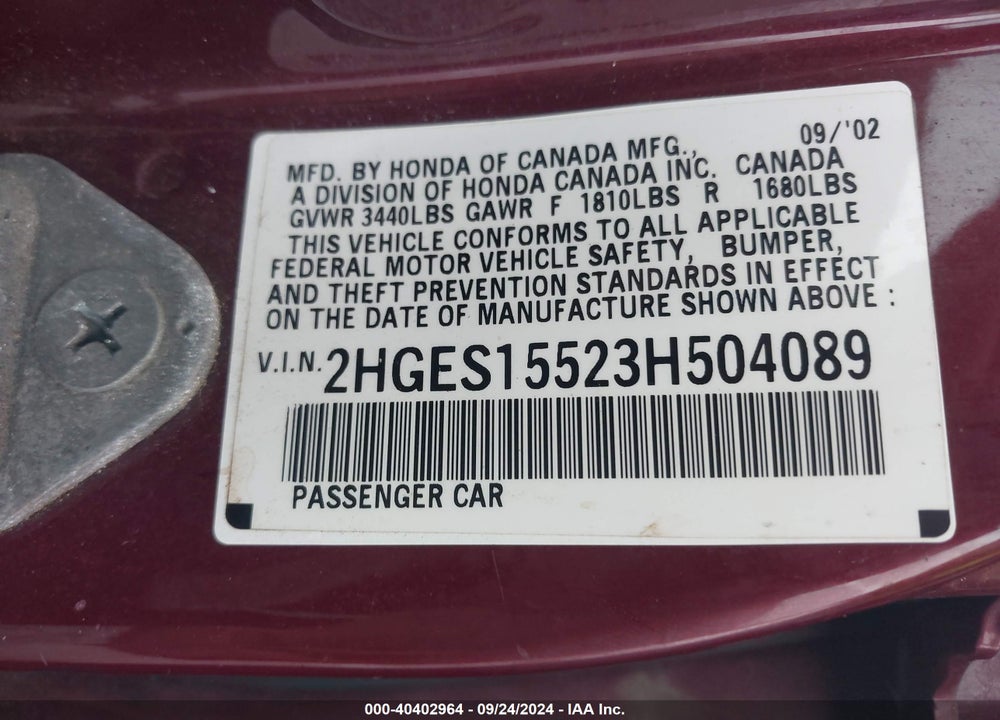 2003 HONDA CIVIC LX VIN: 2HGES15523H504089