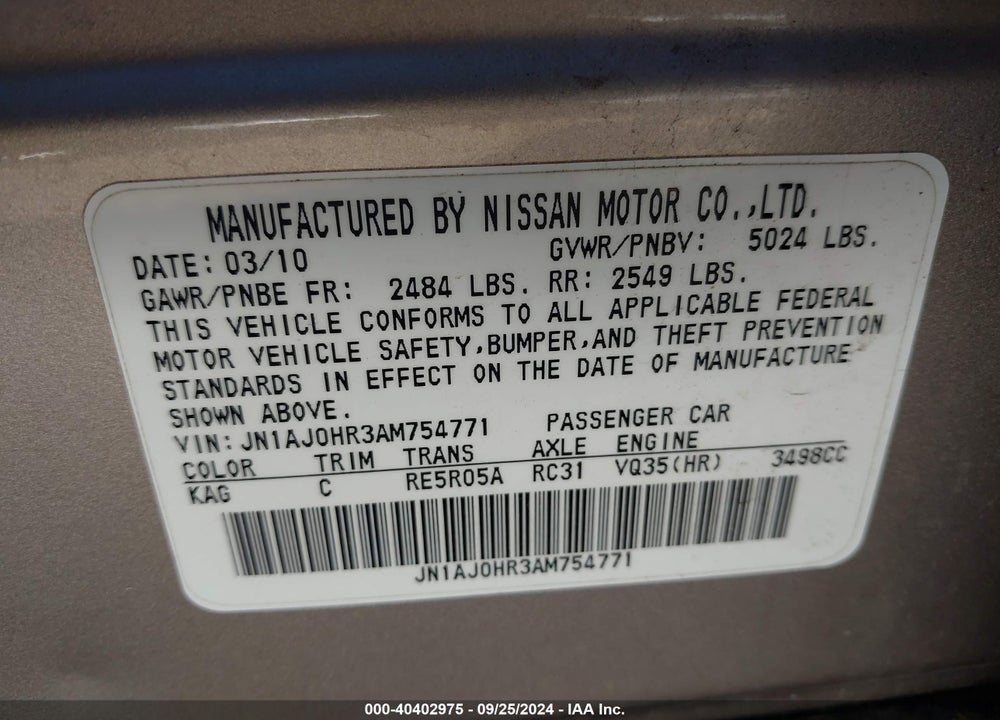 2010 INFINITI EX35 JOURNEY VIN: JN1AJ0HR3AM754771