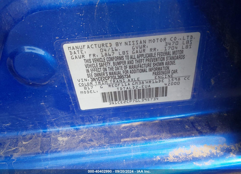 2016 NISSAN VERSA NOTE S (SR)/S PLUS/SL/SR/SV VIN: 3N1CE2CP7GL395734