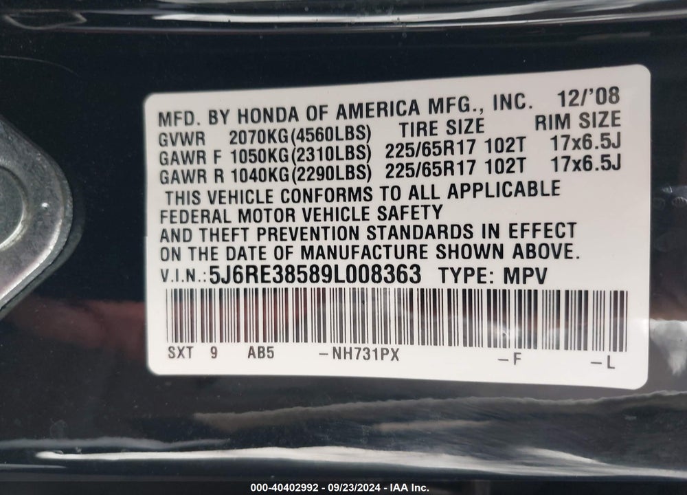 2009 HONDA CR-V EX VIN: 5J6RE38589L008363