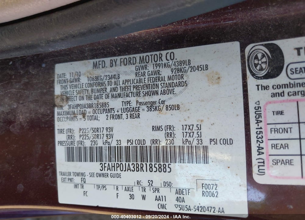 2011 FORD FUSION SEL VIN: 3FAHP0JA3BR185885