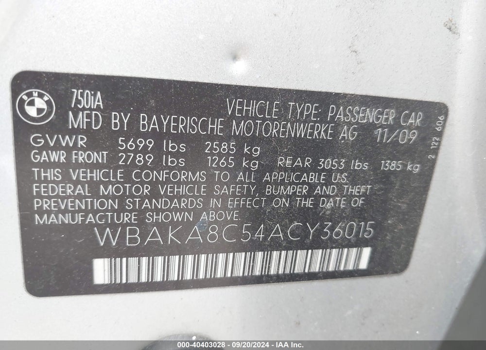 2010 BMW 750I VIN: WBAKA8C54ACY36015