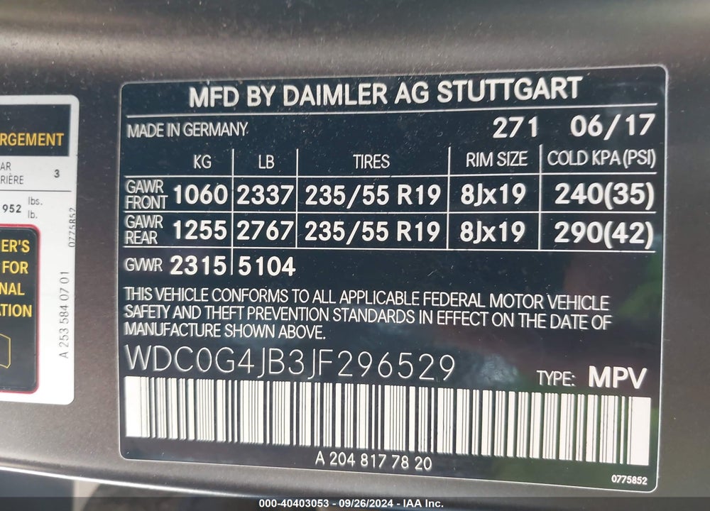 2018 MERCEDES-BENZ GLC 300 VIN: WDC0G4JB3JF296529