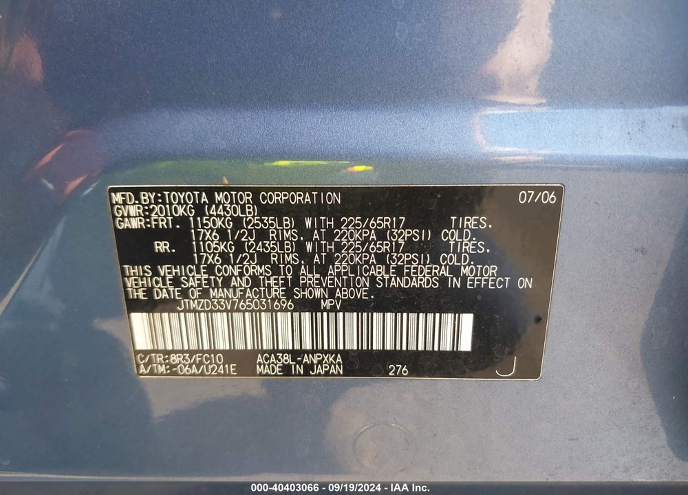 2006 TOYOTA RAV4 VIN: JTMZD33V765031696