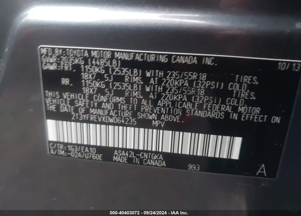 2013 TOYOTA RAV4 LIMITED VIN: 2T3YFREVXDW064235