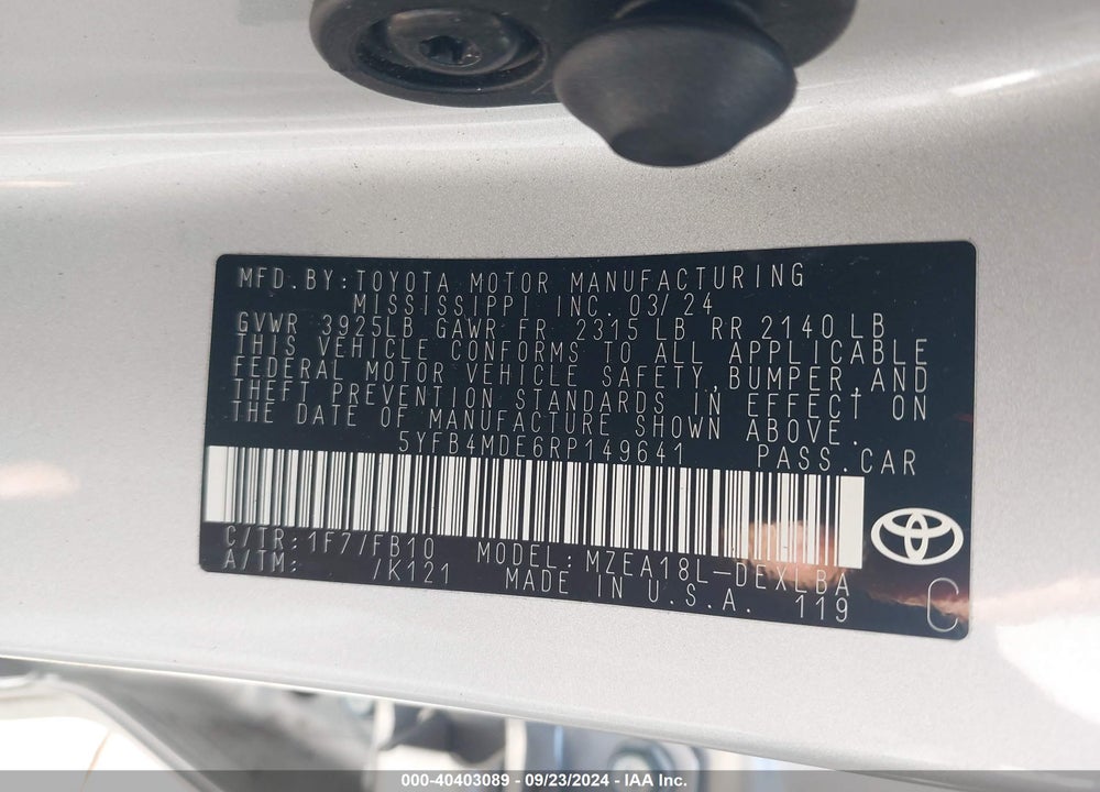 2024 TOYOTA COROLLA LE VIN: 5YFB4MDE6RP149641