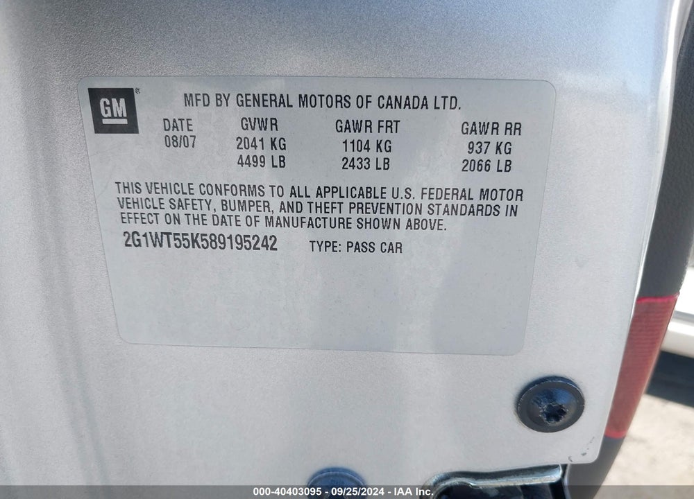 2008 CHEVROLET IMPALA LT VIN: 2G1WT55K589195242