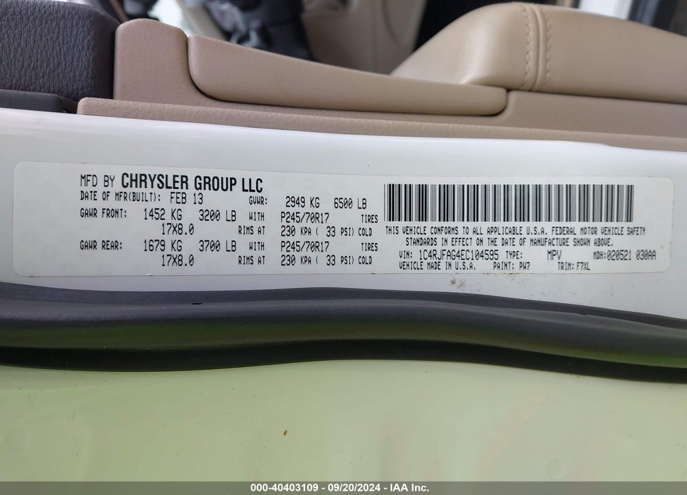 2014 JEEP GRAND CHEROKEE LAREDO VIN: 1C4RJFAG4EC104595