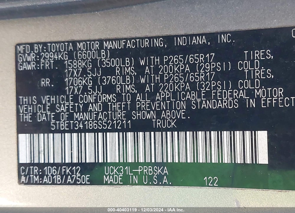 2006 TOYOTA TUNDRA SR5 V8 VIN: 5TBET34186S521211