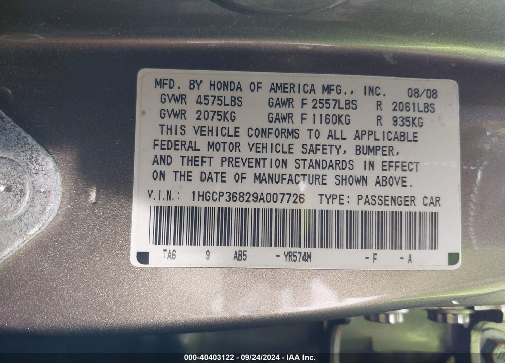 2009 HONDA ACCORD 3.5 EX-L VIN: 1HGCP36829A007726