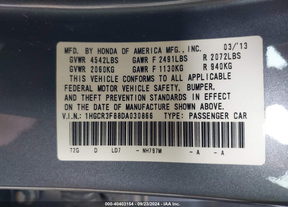 2013 HONDA ACCORD EX-L V-6 VIN: 1HGCR3F88DA030866