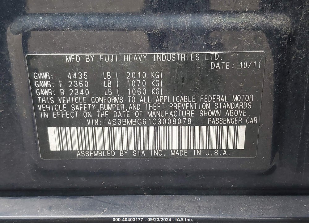 2012 SUBARU LEGACY 2.5I PREMIUM VIN: 4S3BMBG61C3008078