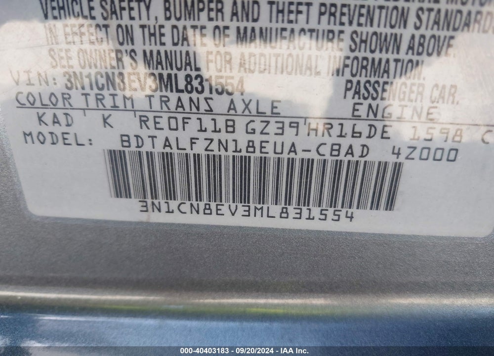 2021 NISSAN VERSA SV XTRONIC CVT VIN: 3N1CN8EV3ML831554