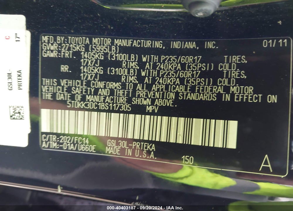 2011 TOYOTA SIENNA LE V6 VIN: 5TDKK3DC1BS117305