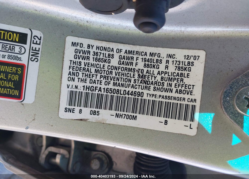 2008 HONDA CIVIC LX VIN: 1HGFA16508L044690