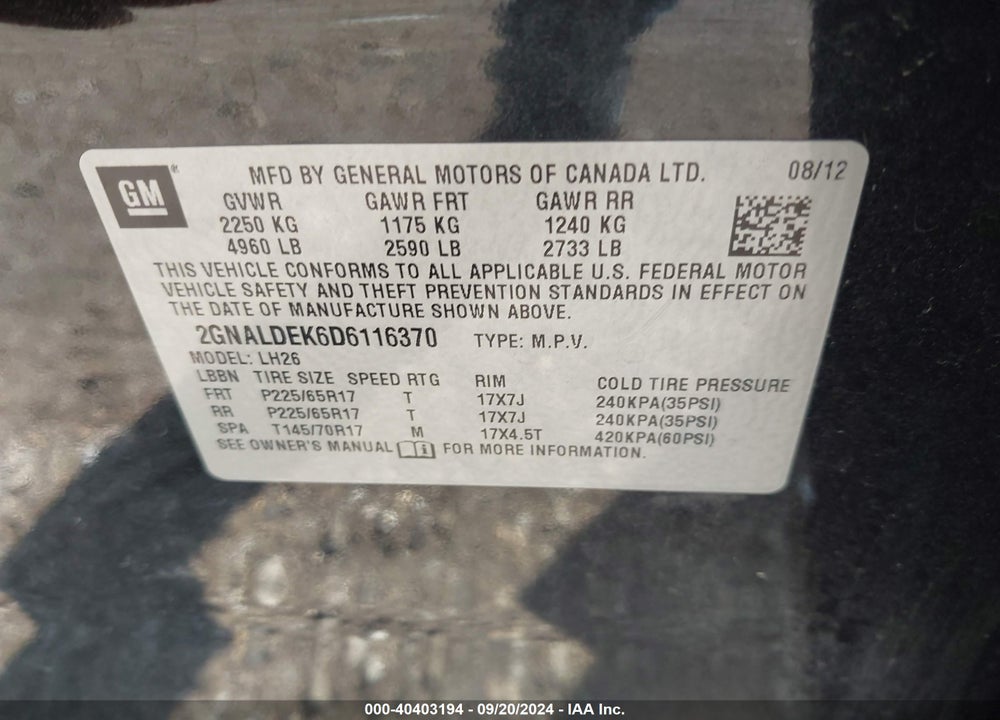 2013 CHEVROLET EQUINOX 1LT VIN: 2GNALDEK6D6116370