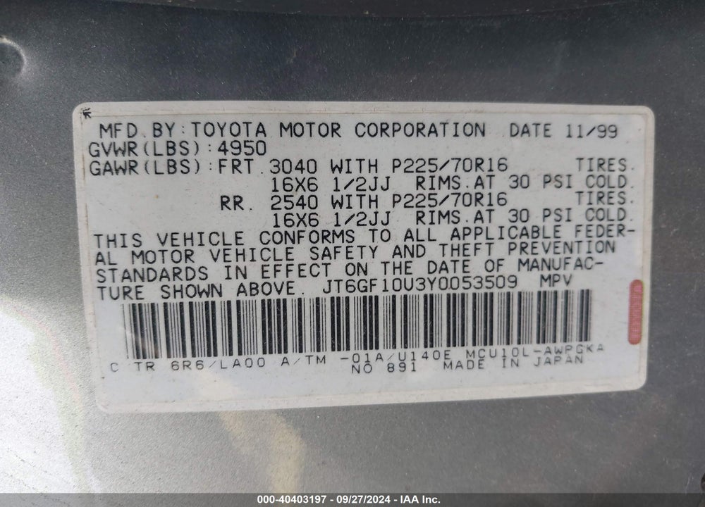 2000 LEXUS RX 300 VIN: JT6GF10U3Y0053509