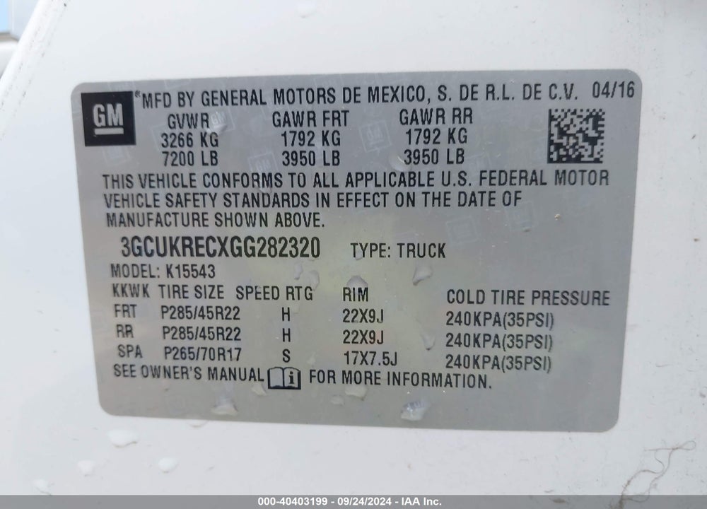 2016 CHEVROLET SILVERADO 1500 1LT VIN: 3GCUKRECXGG282320