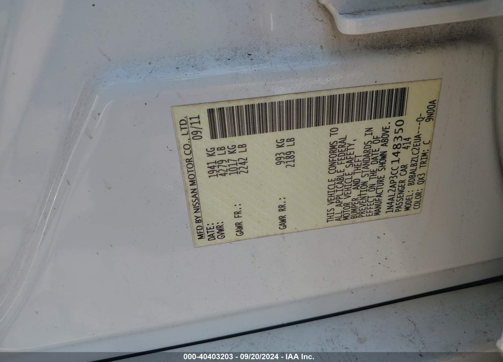 2012 NISSAN ALTIMA 2.5 S VIN: 1N4AL2AP3CC148350