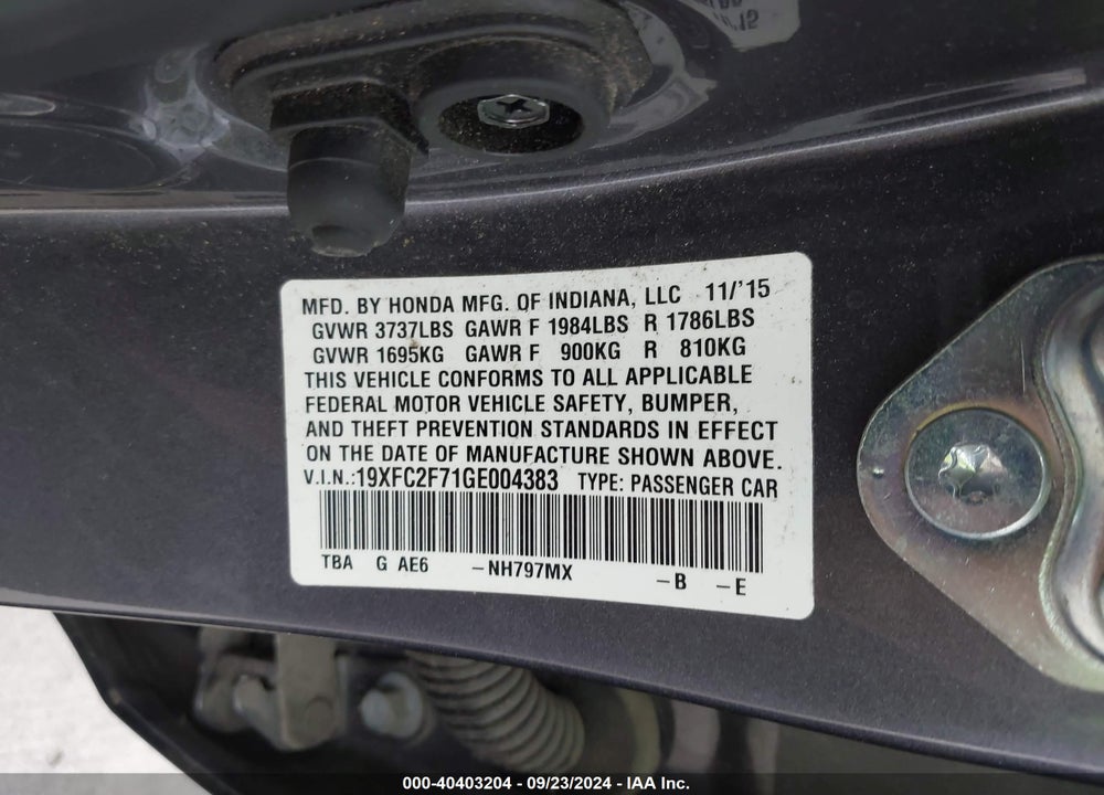 2016 HONDA CIVIC EX VIN: 19XFC2F71GE004383