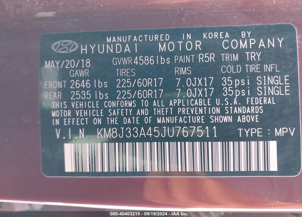 2018 HYUNDAI TUCSON SEL VIN: KM8J33A45JU767511