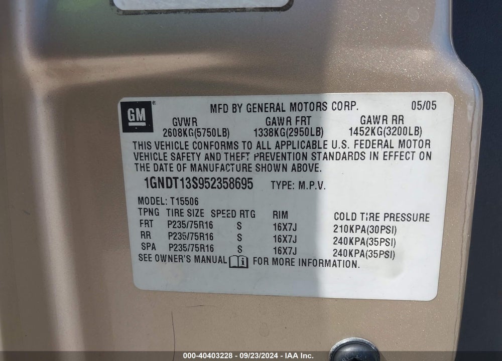 2005 CHEVROLET TRAILBLAZER LS VIN: 1GNDT13S952358695