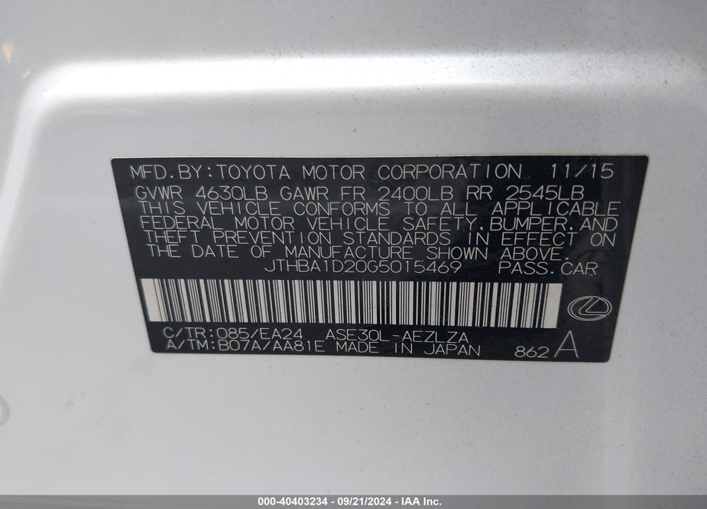 2016 LEXUS IS 200T VIN: JTHBA1D20G5015469