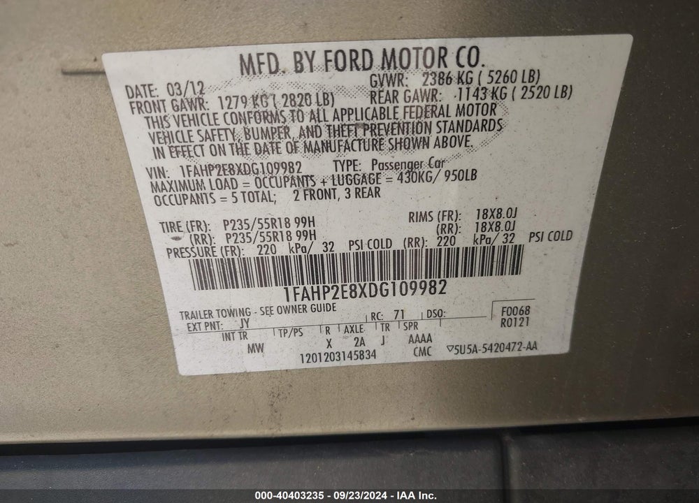 2013 FORD TAURUS SEL VIN: 1FAHP2E8XDG109982