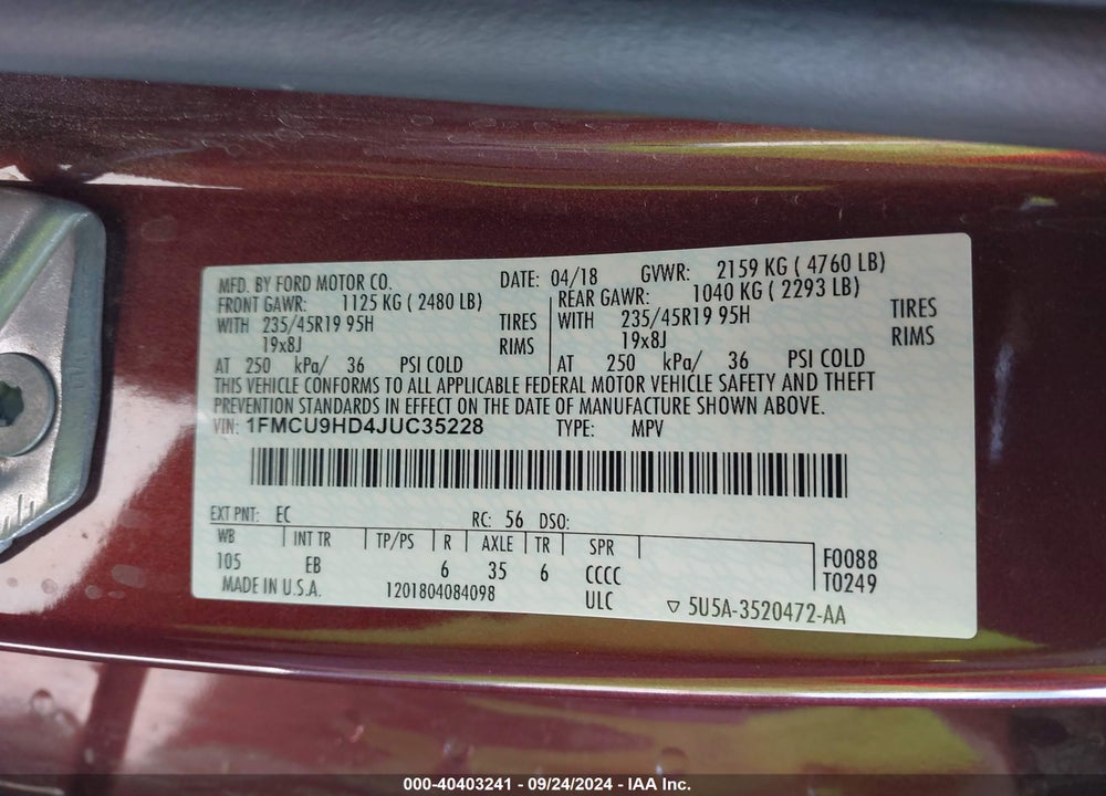 2018 FORD ESCAPE SEL VIN: 1FMCU9HD4JUC35228