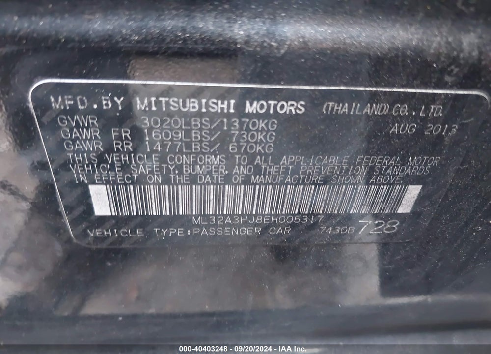 2014 MITSUBISHI MIRAGE DE VIN: ML32A3HJ8EH005317