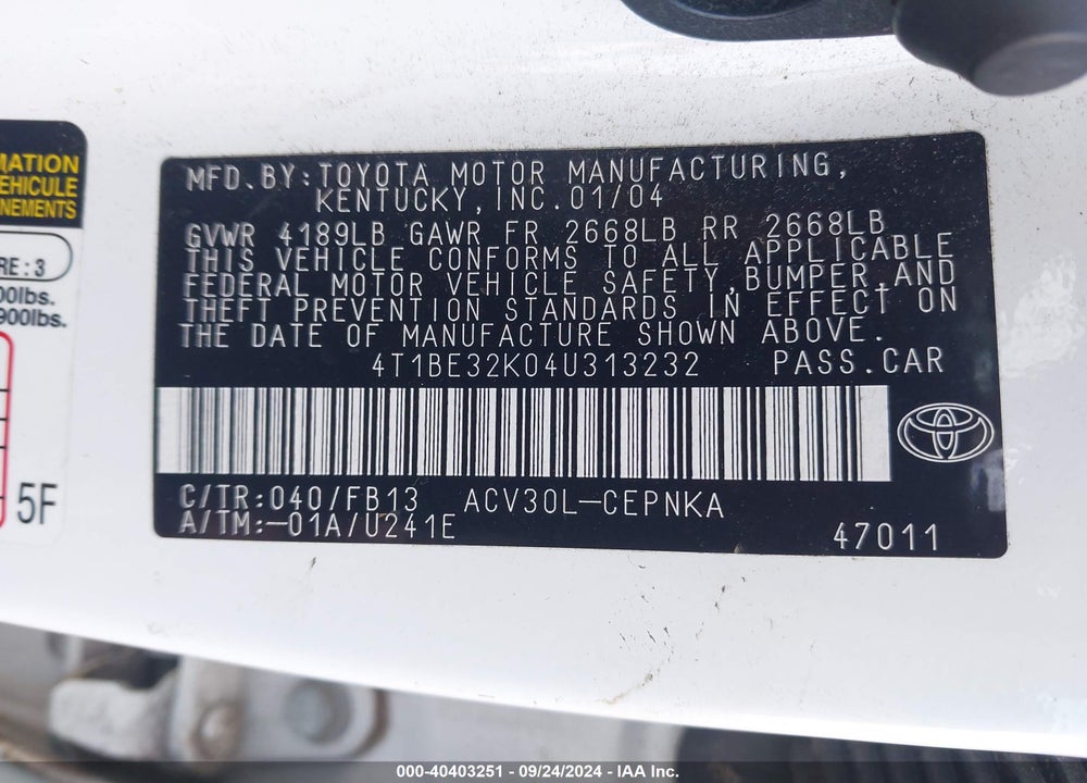 2004 TOYOTA CAMRY LE VIN: 4T1BE32K04U313232