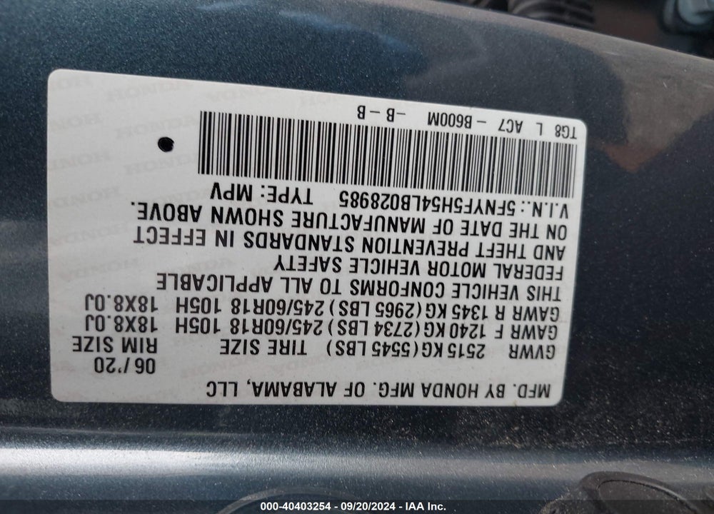 2020 HONDA PILOT 2WD EX-L VIN: 5FNYF5H54LB028985