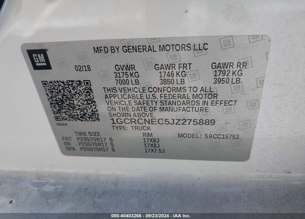 2018 CHEVROLET SILVERADO 1500 WT VIN: 1GCRCNEC5JZ275889