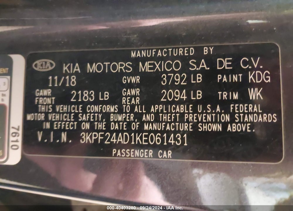 2019 KIA FORTE LXS VIN: 3KPF24AD1KE061431