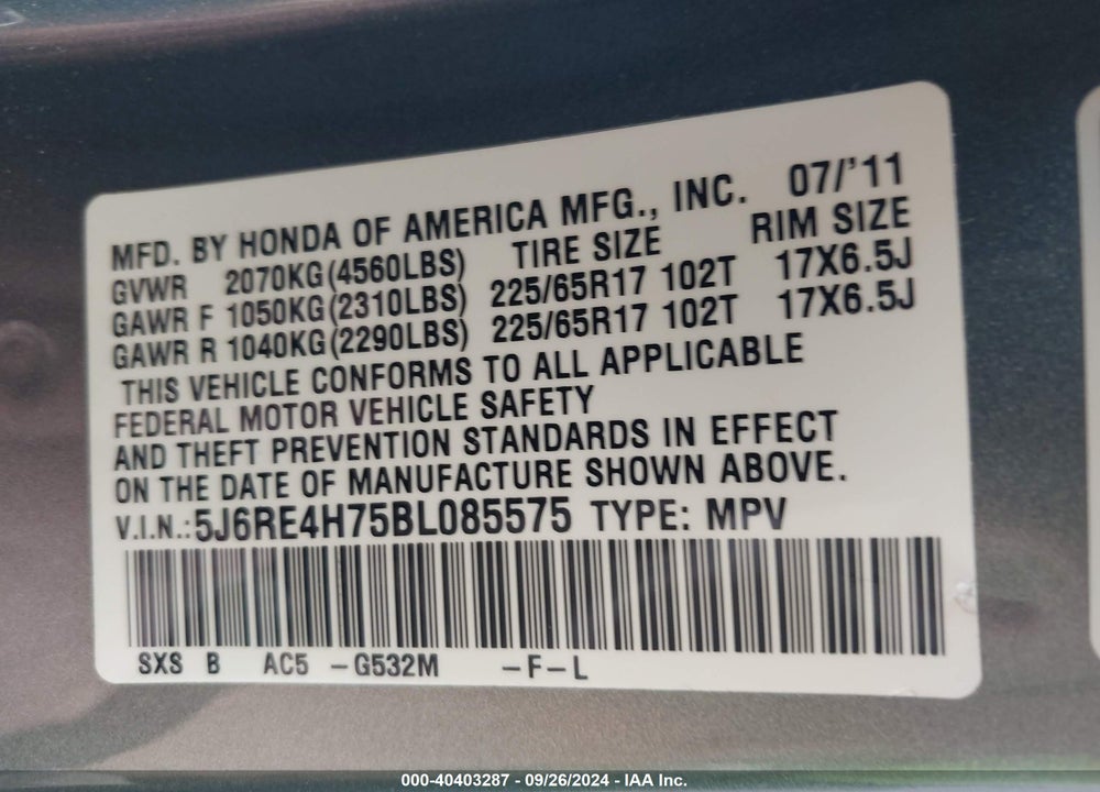 2011 HONDA CR-V EX-L VIN: 5J6RE4H75BL085575
