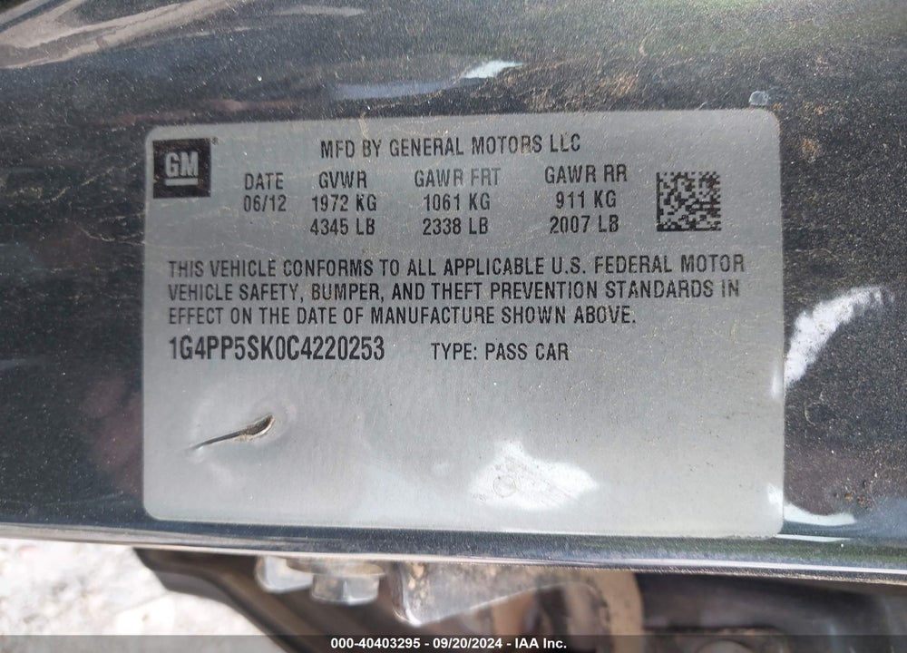 2012 BUICK VERANO VIN: 1G4PP5SK0C4220253