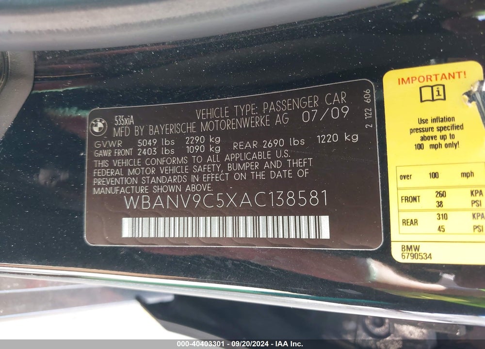 2010 BMW 535I XDRIVE VIN: WBANV9C5XAC138581