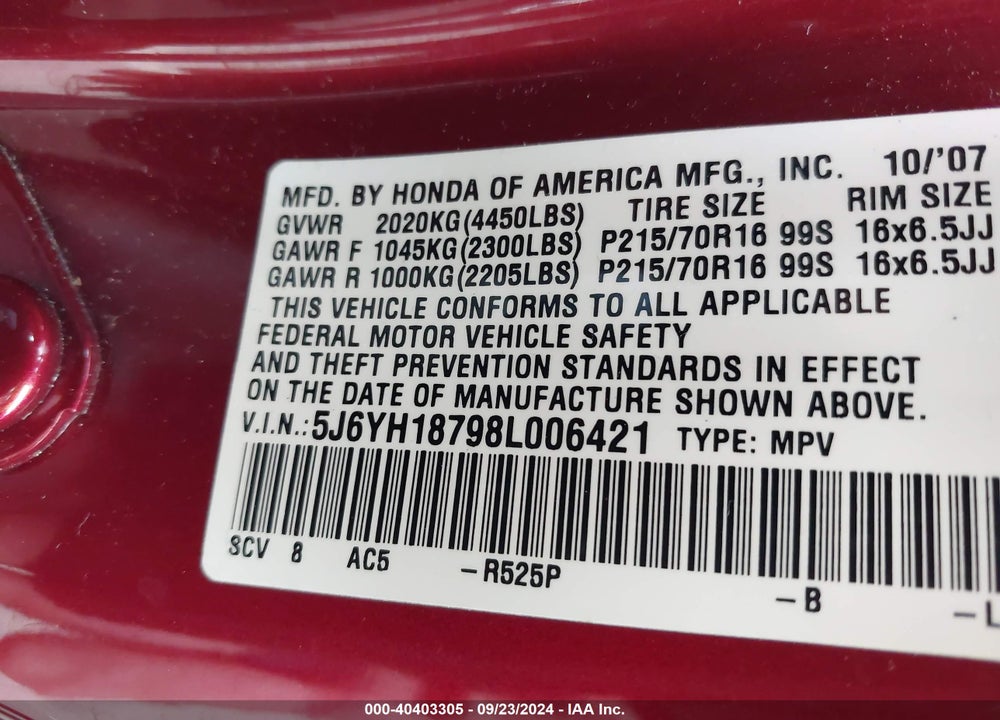 2008 HONDA ELEMENT EX VIN: 5J6YH18798L006421