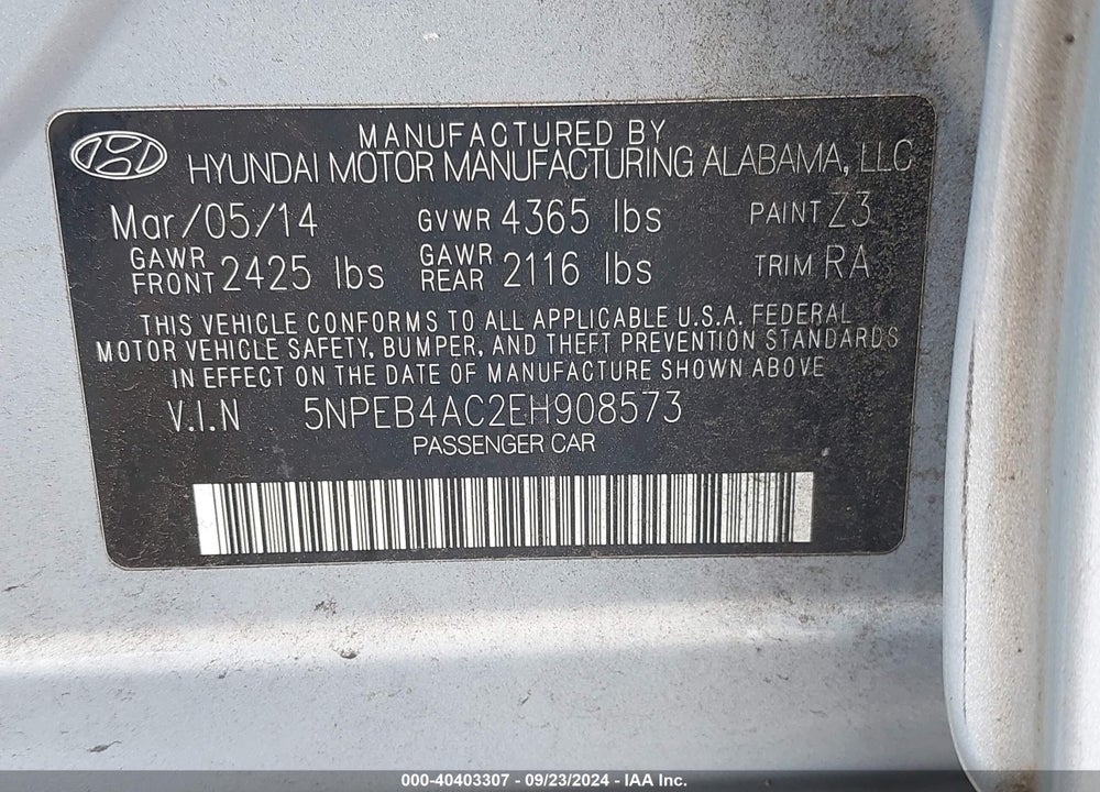 2014 HYUNDAI SONATA GLS VIN: 5NPEB4AC2EH908573