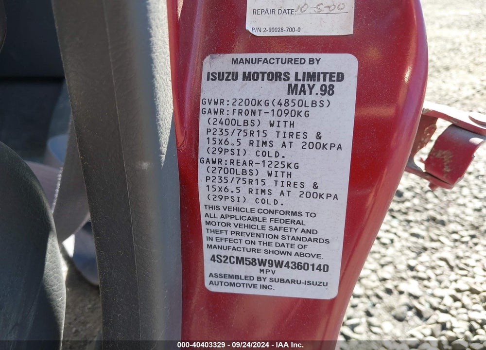 1998 ISUZU RODEO VIN: 4S2CM58W9W4360140