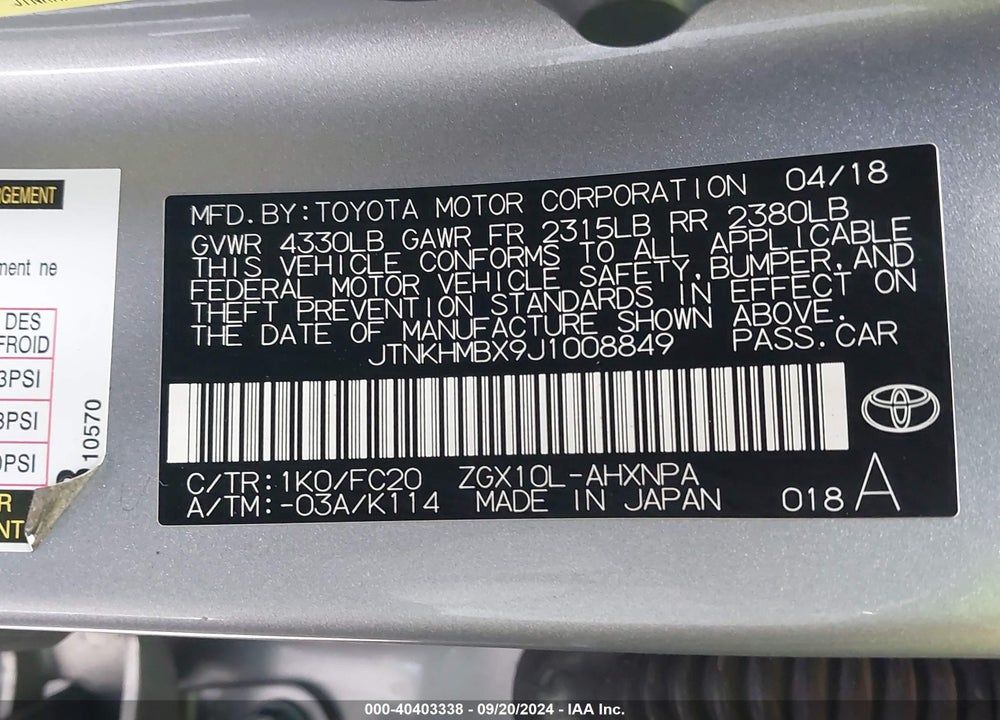 2018 TOYOTA C-HR XLE VIN: JTNKHMBX9J1008849