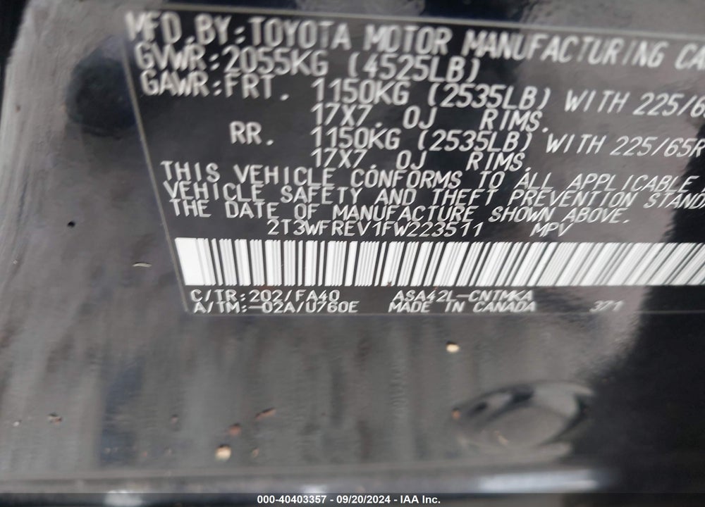 2015 TOYOTA RAV4 XLE VIN: 2T3WFREV1FW223511