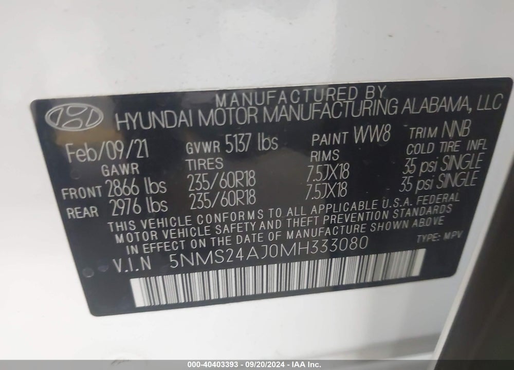 2021 HYUNDAI SANTA FE SEL VIN: 5NMS24AJ0MH333080
