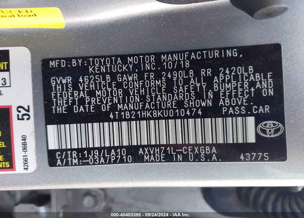 2019 TOYOTA CAMRY HYBRID XLE VIN: 4T1B21HK8KU010474