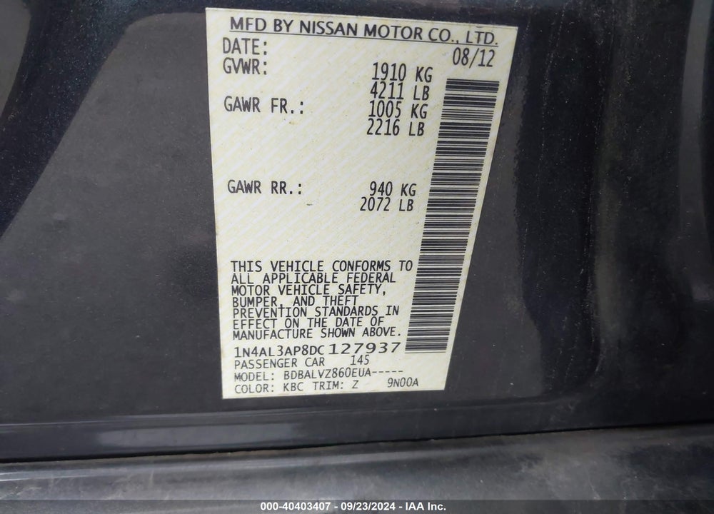 2013 NISSAN ALTIMA 2.5 SL VIN: 1N4AL3AP8DC127937