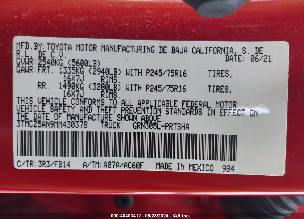 2021 TOYOTA TACOMA SR V6 VIN: 3TMCZ5AN9MM430378