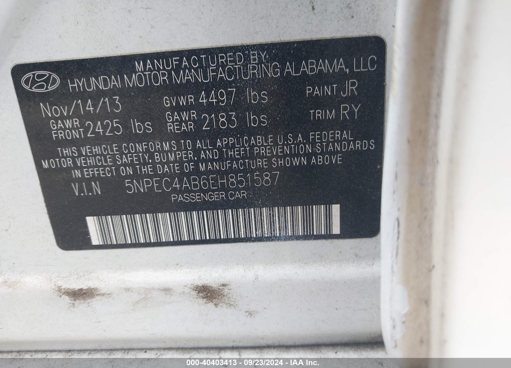 2014 HYUNDAI SONATA SE 2.0T VIN: 5NPEC4AB6EH851587